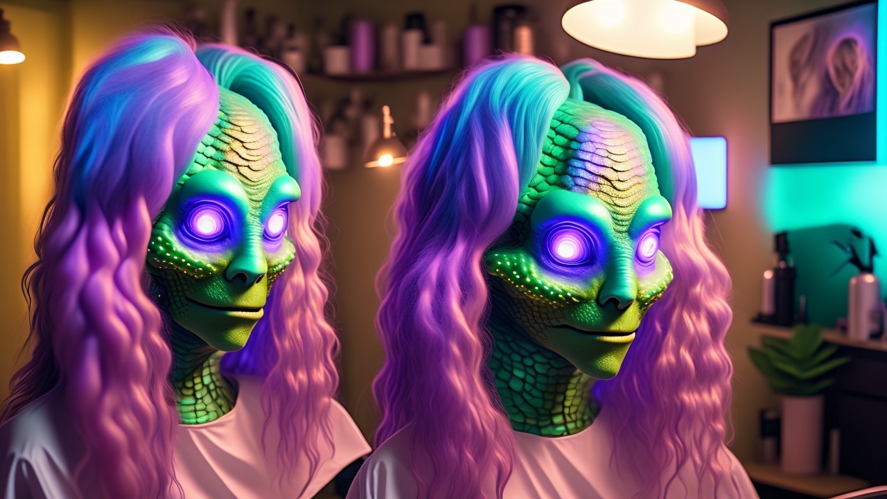 Humanoid aliens with green skin and purple features