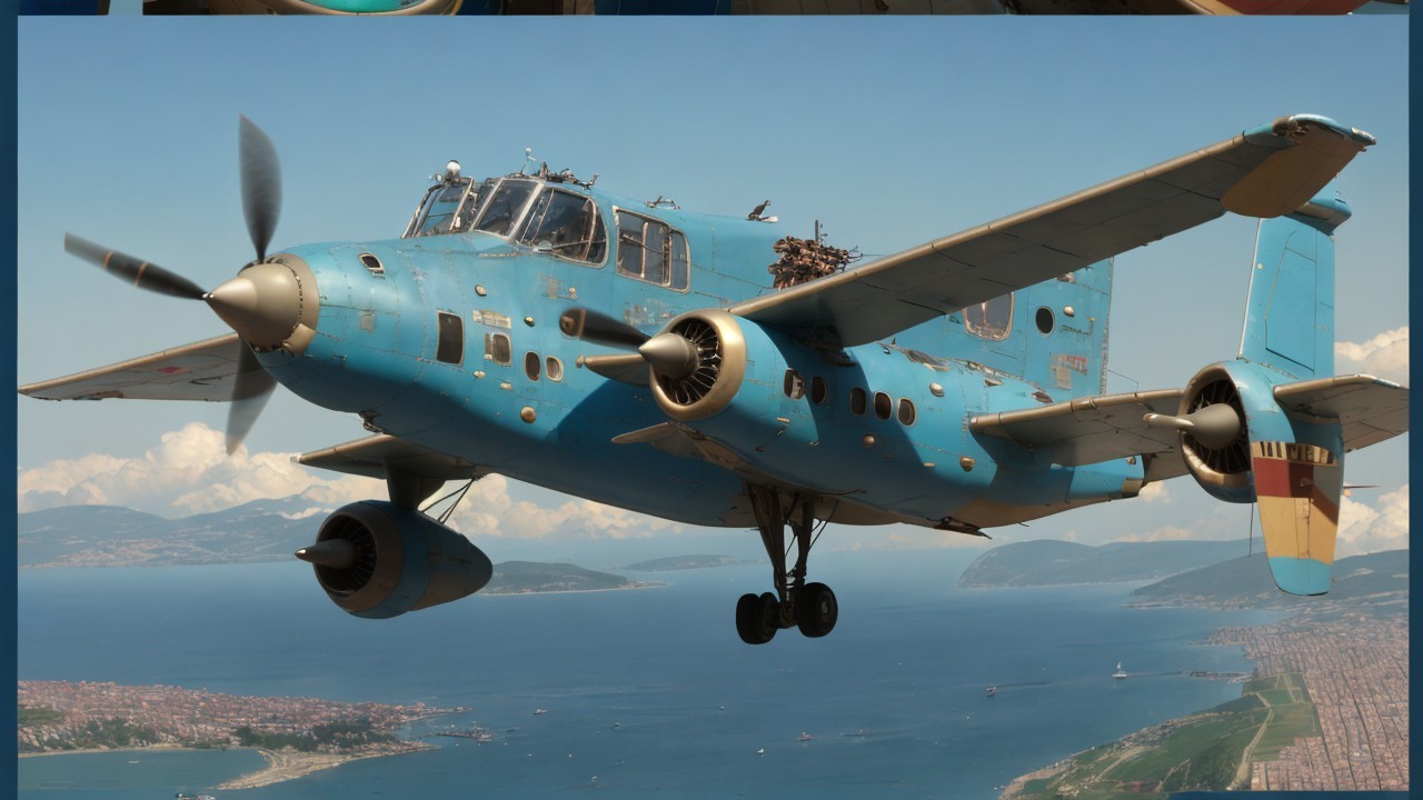 Vibrant Blue Aircraft Flying Over Scenic Landscape