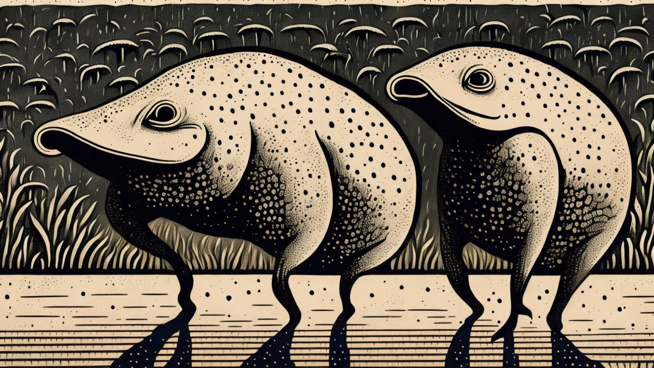 Cartoonish Frogs with Textured Grass Background