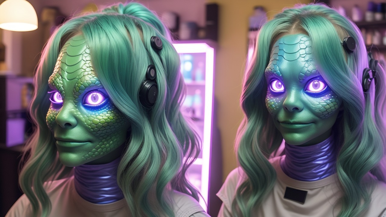 Alien Figures with Teal Hair and Reptilian Features