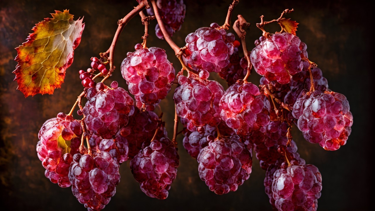 Deep Red Grapes Clusters with Autumn Leaf Detail
