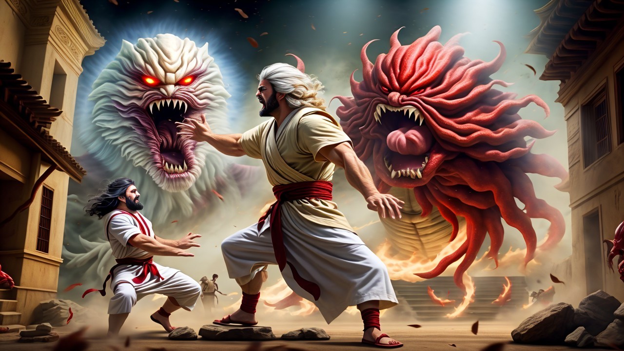 Heroic Figure Faces Monstrous Creatures in Chaos