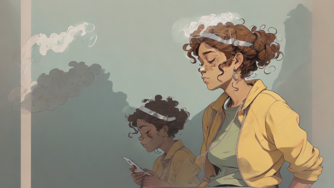 Young woman in yellow jacket with smartphone and clouds