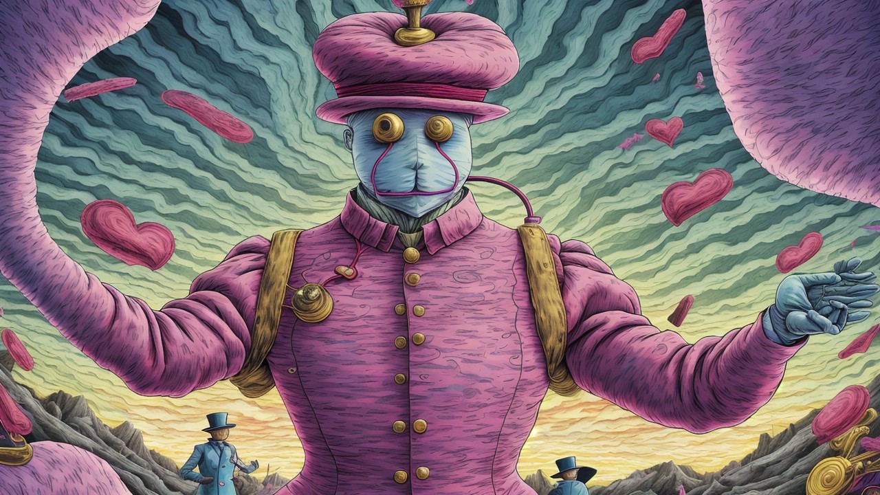 Fantastical Character in Pink Coat Surrounded by Clouds