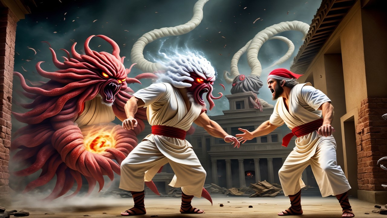 Warriors Confront Mythical Creatures in Ancient City