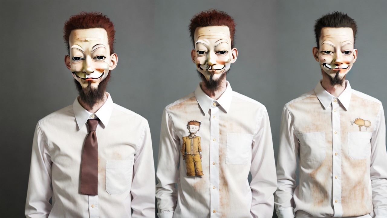 Figure in White Shirt with Stylized Mask and Illustrations
