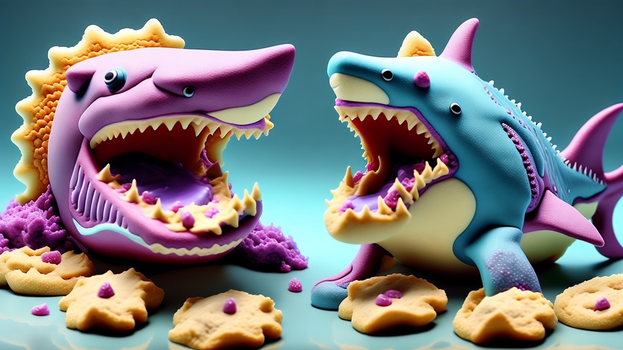 Brightly Colored Whimsical Shark Figures with Treats
