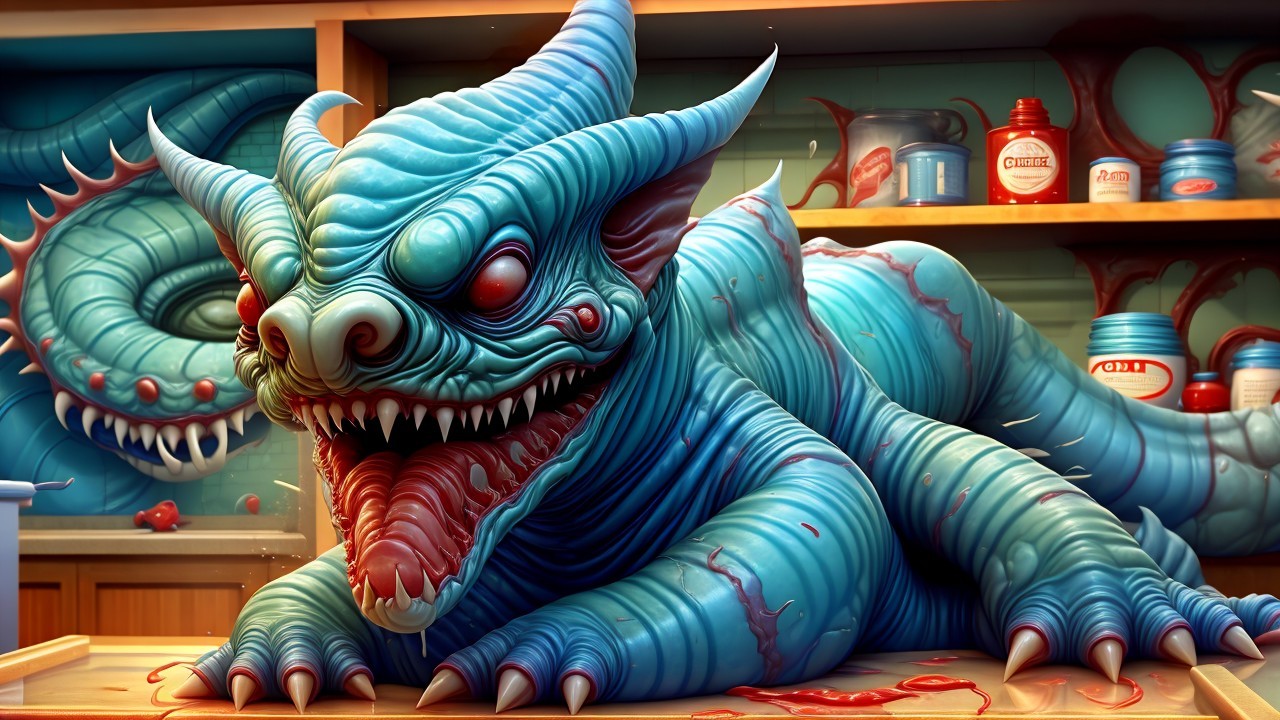 Vibrant Blue Creature with Red Eyes and Horns