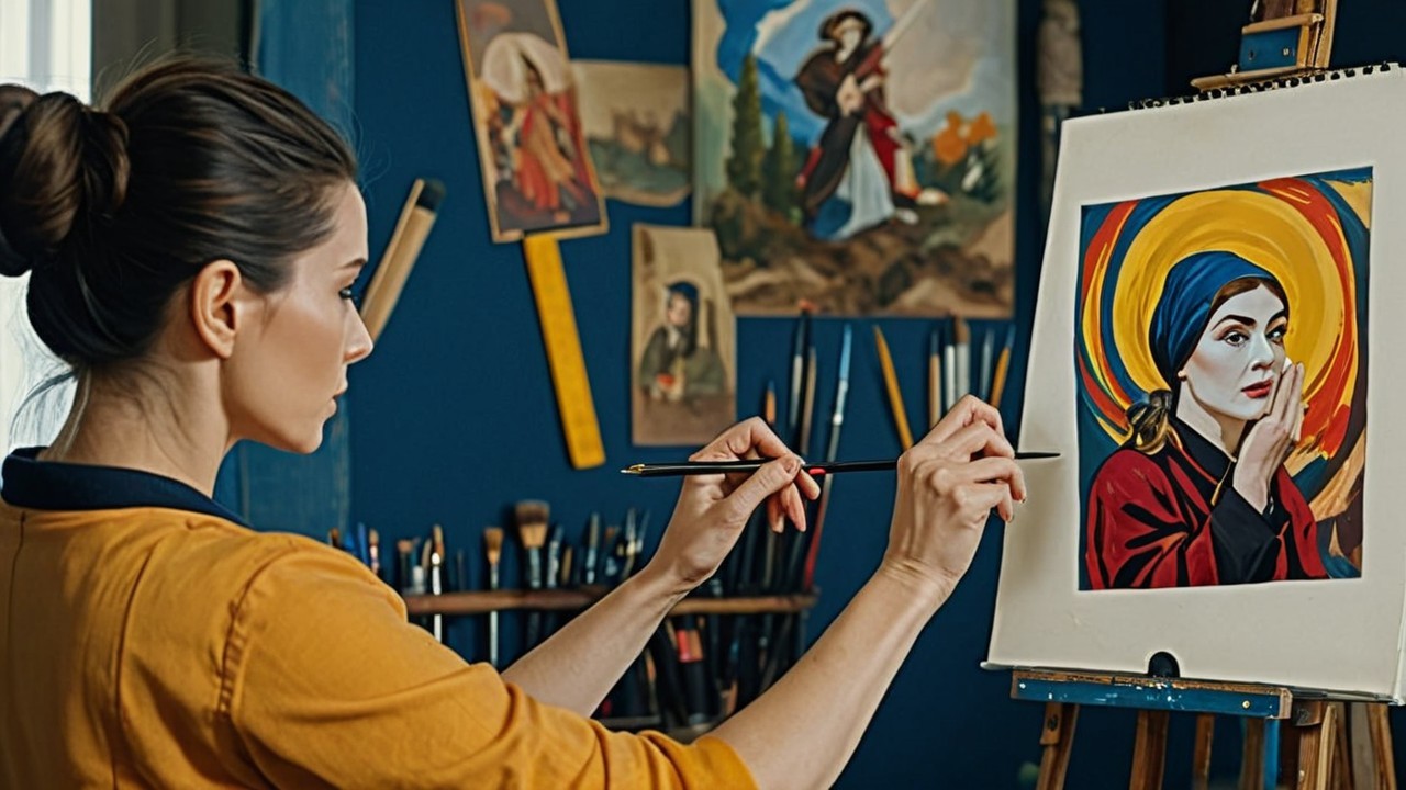 Woman Painting Portrait in Vibrant Art Studio