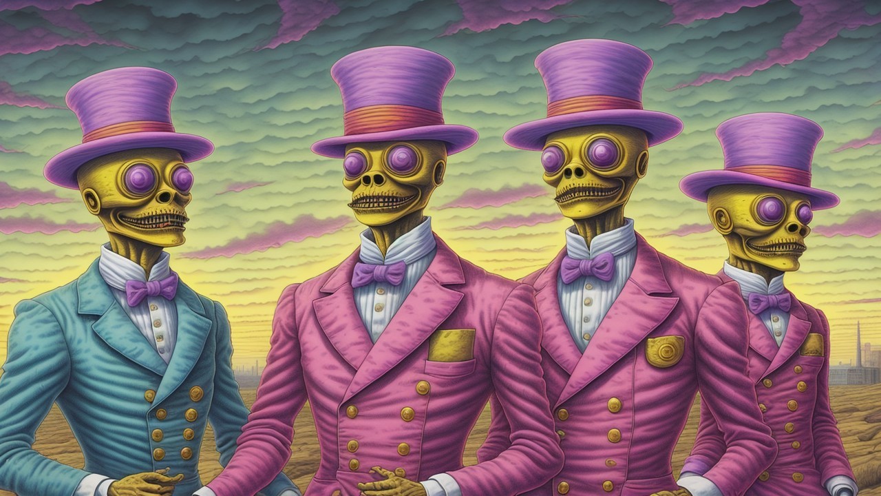 Skeletons in Vintage Attire Against Surreal Landscape