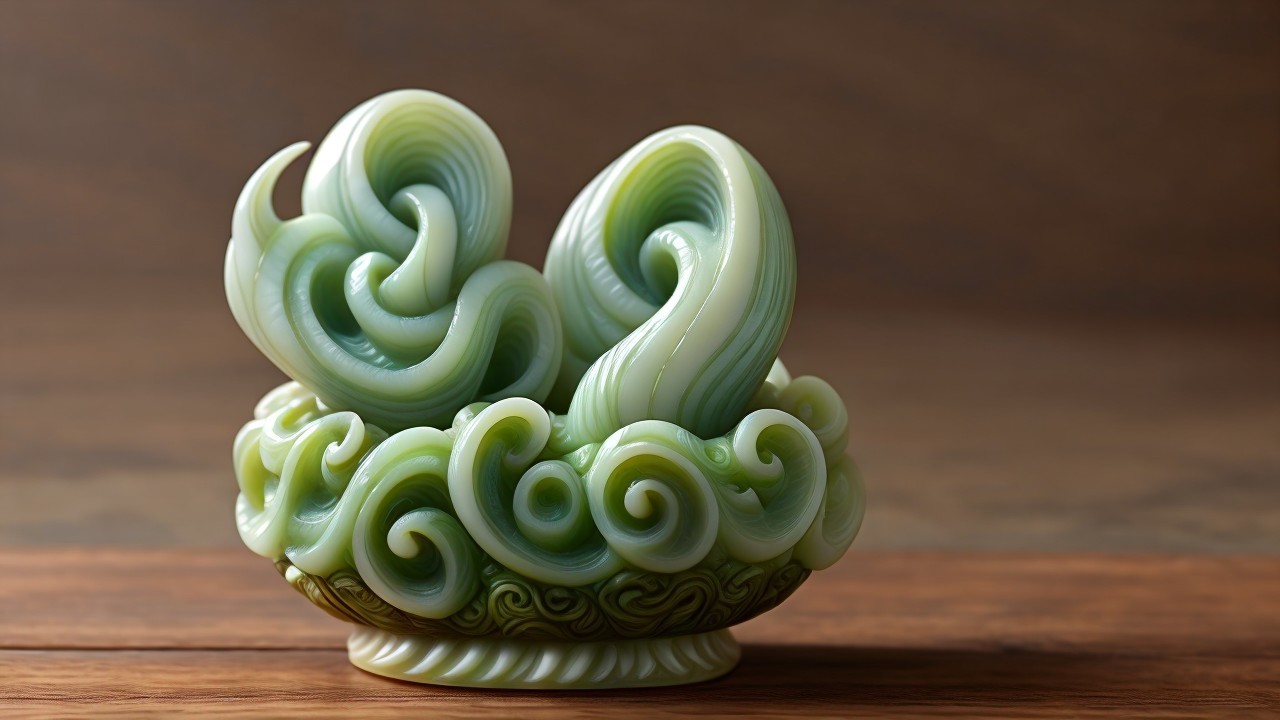 Green Jade Sculpture with Ocean Wave Design