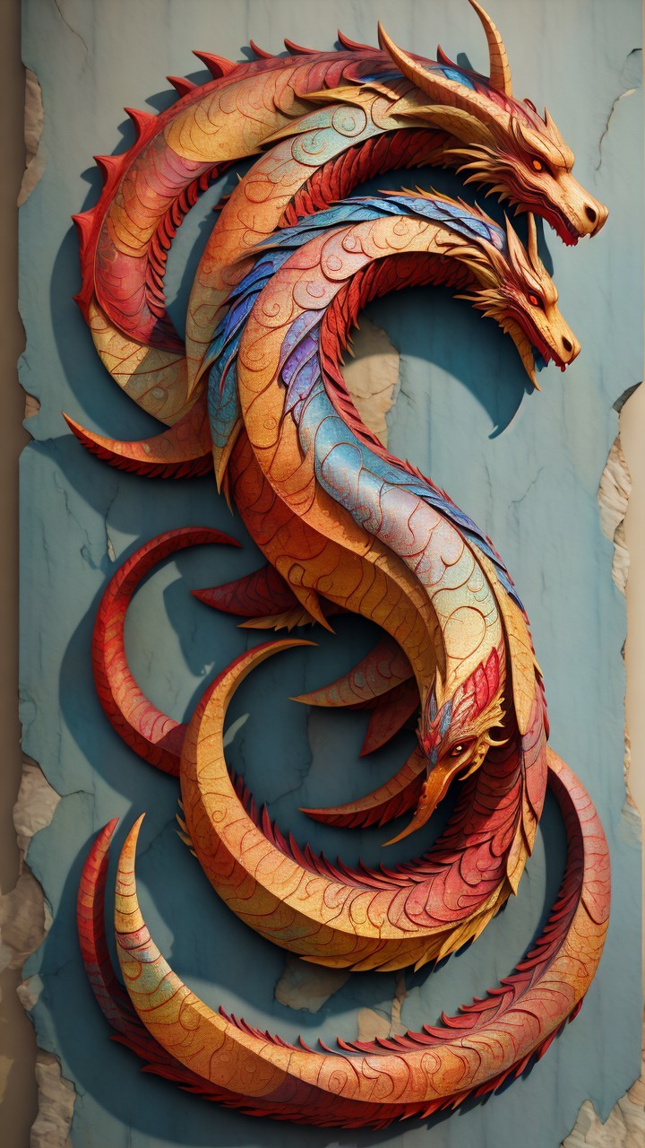Multi-headed dragon sculpture on textured blue backdrop