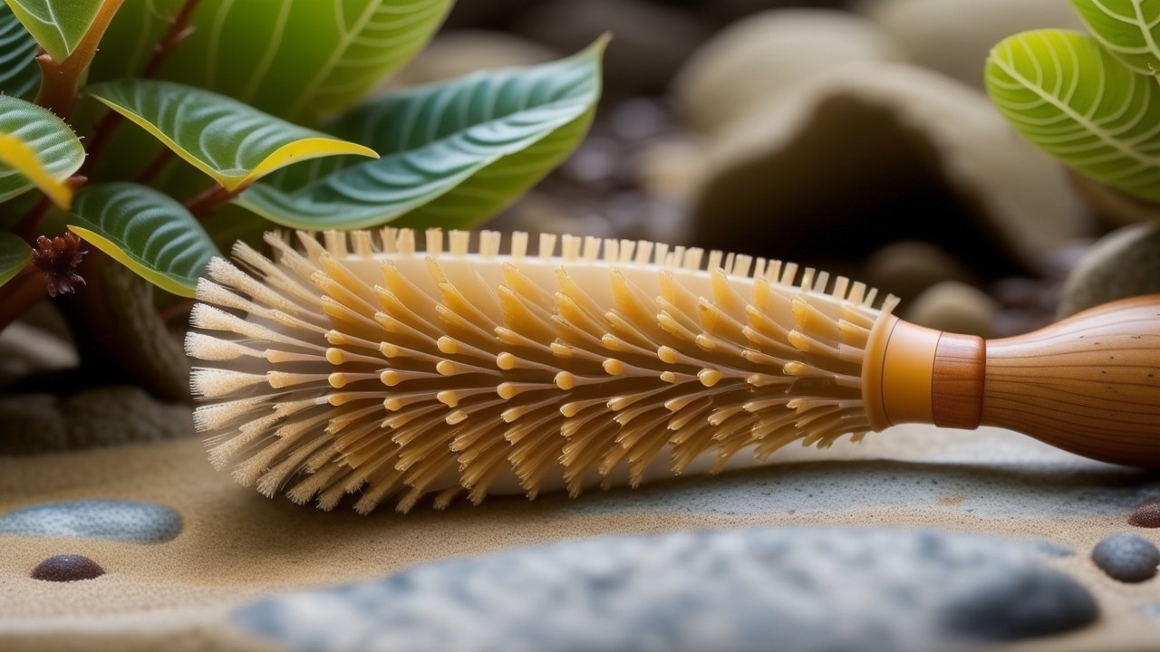 Natural Bristle Brush on Textured Surface with Pebbles