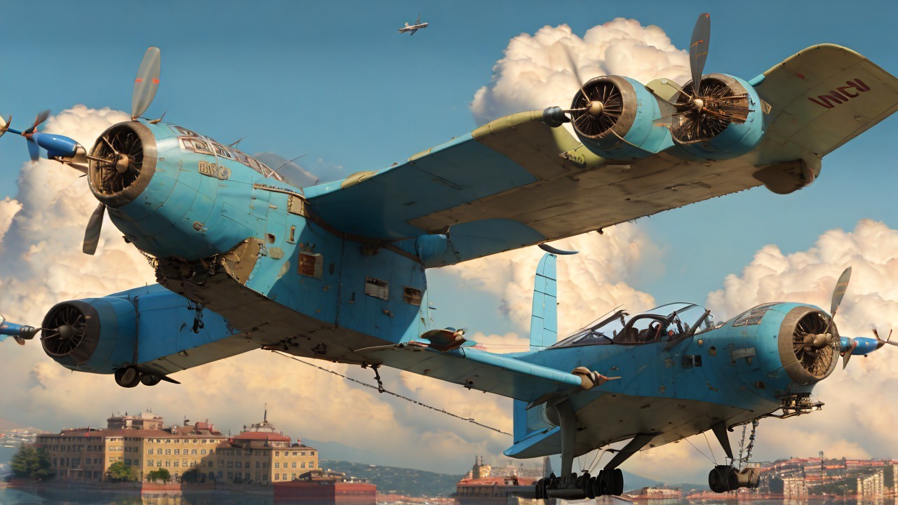 Vintage dual-engine aircraft over city skyline