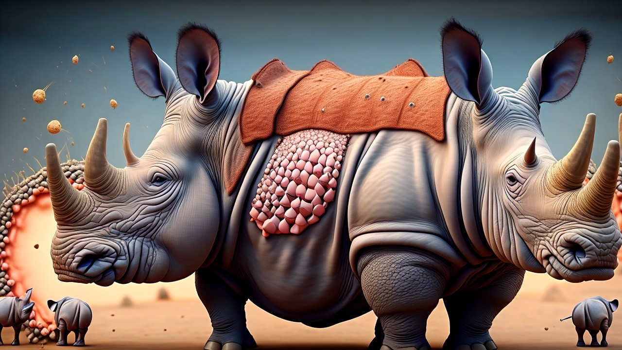 Double-bodied rhinoceros in a surreal desert landscape
