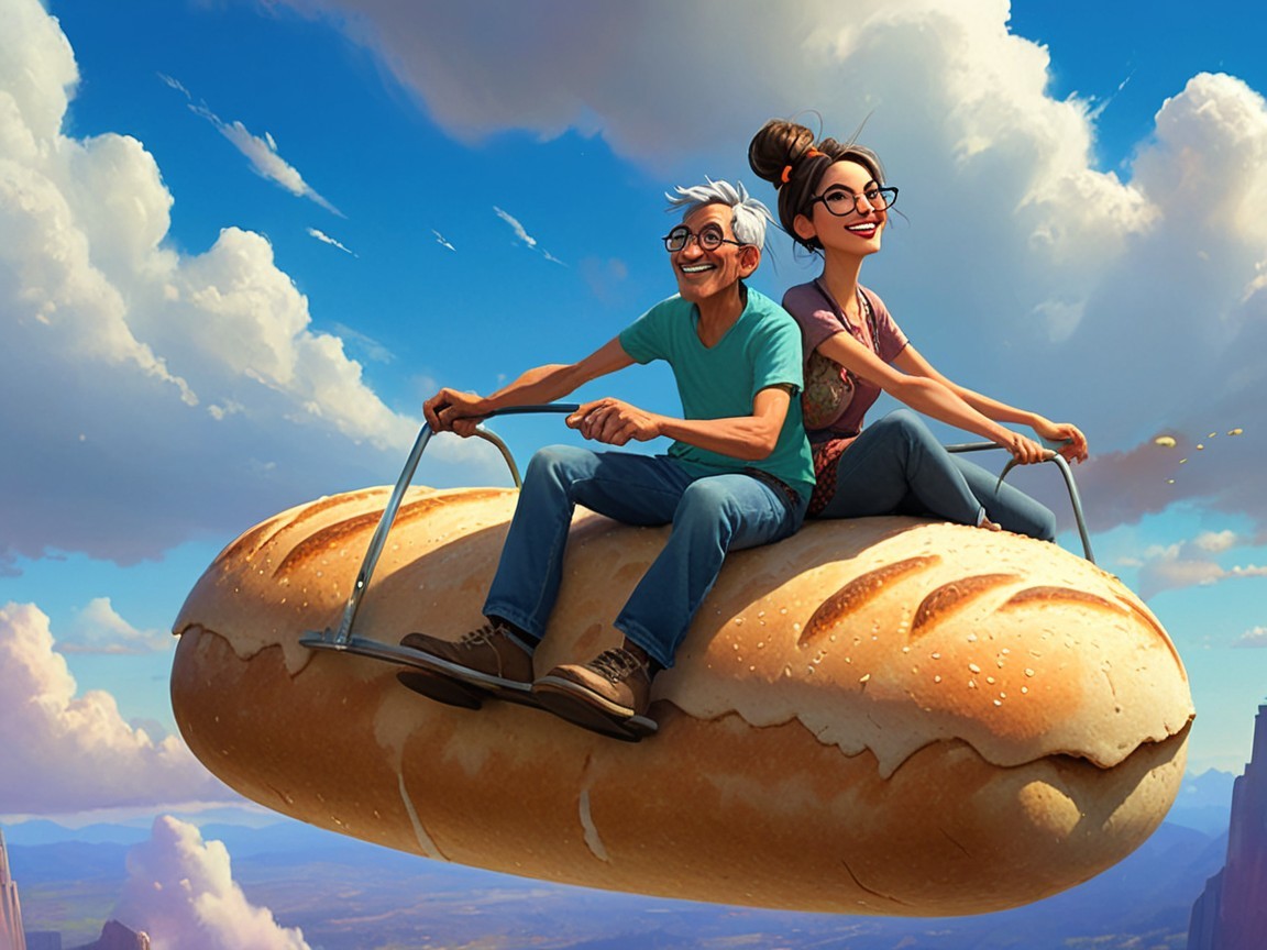 Animated Characters Riding a Giant Bread in Sky