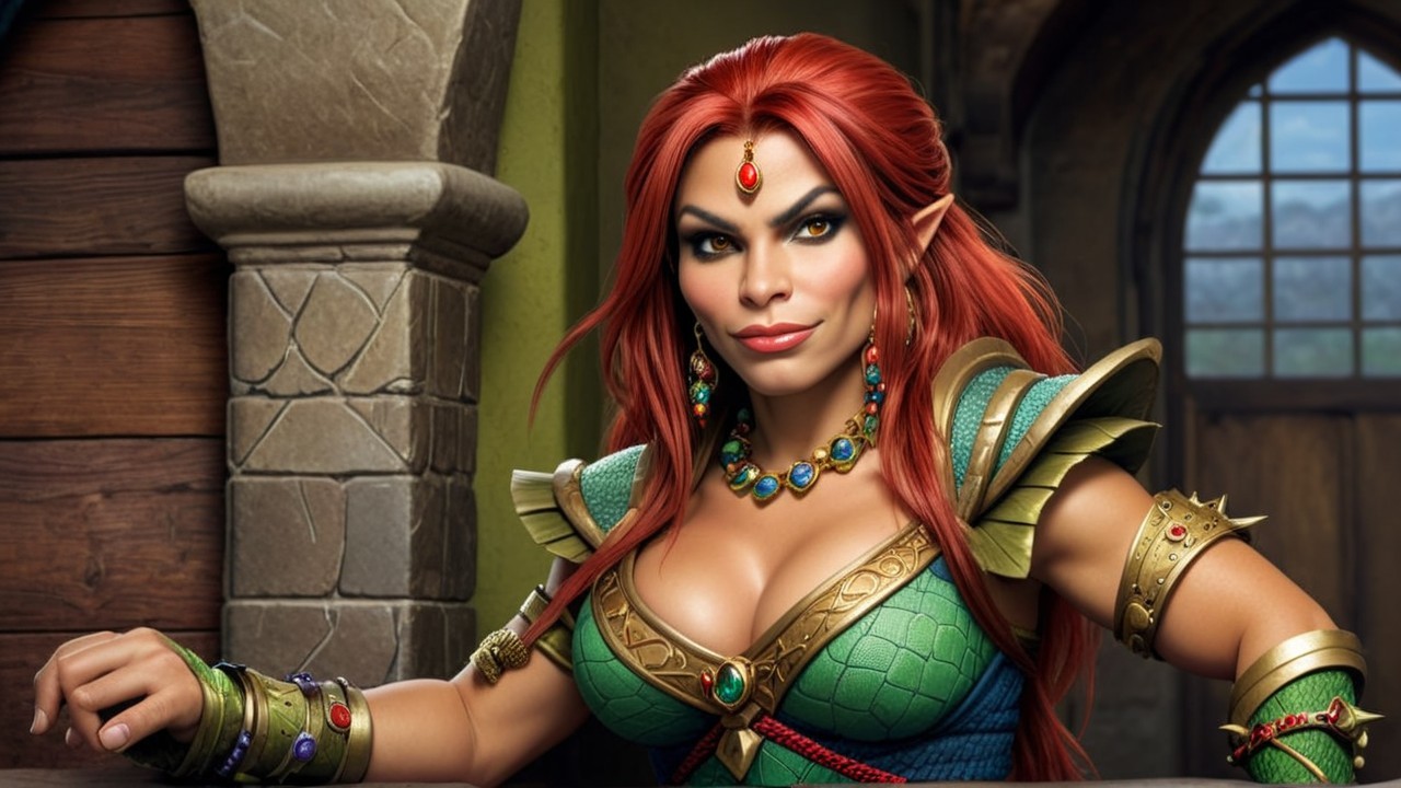 Confident Elf Woman in Ornate Outfit Against Stone Wall