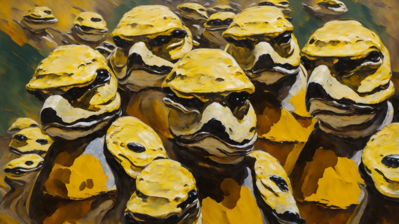 Surreal Crowd of Glossy Yellow Anthropomorphic Figures