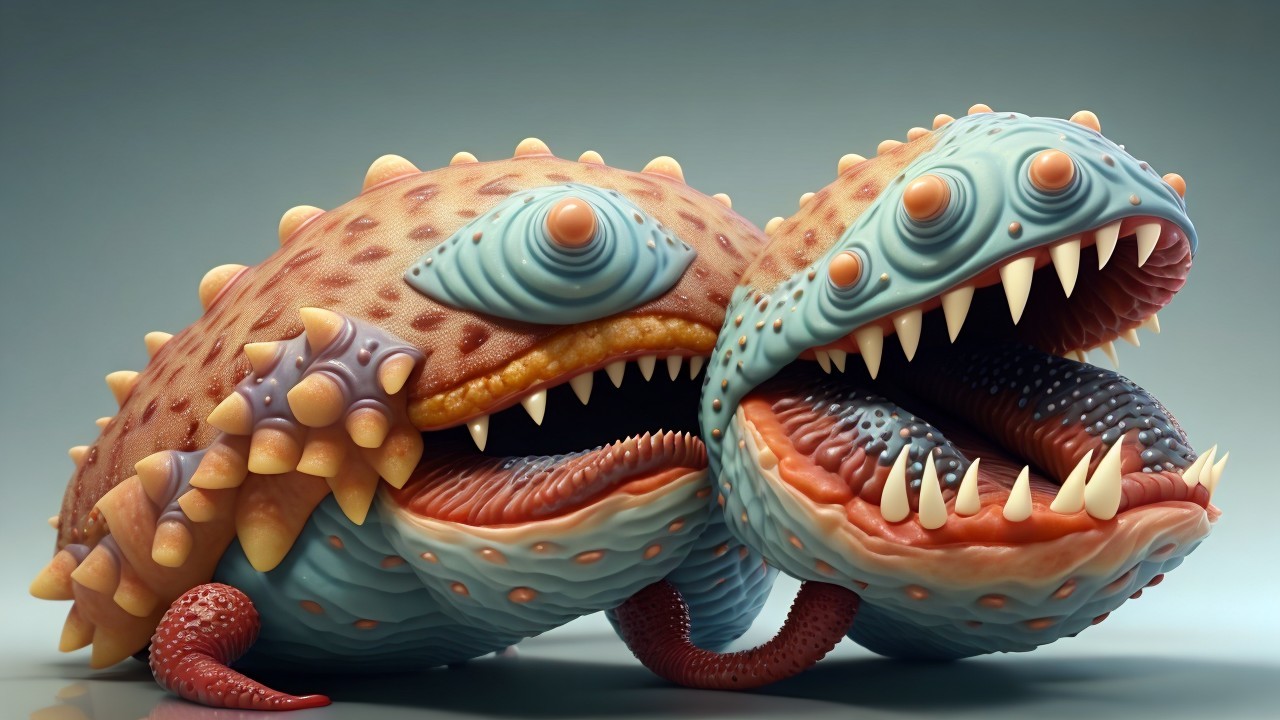 Two-Headed Creature with Colorful Skin and Spikes