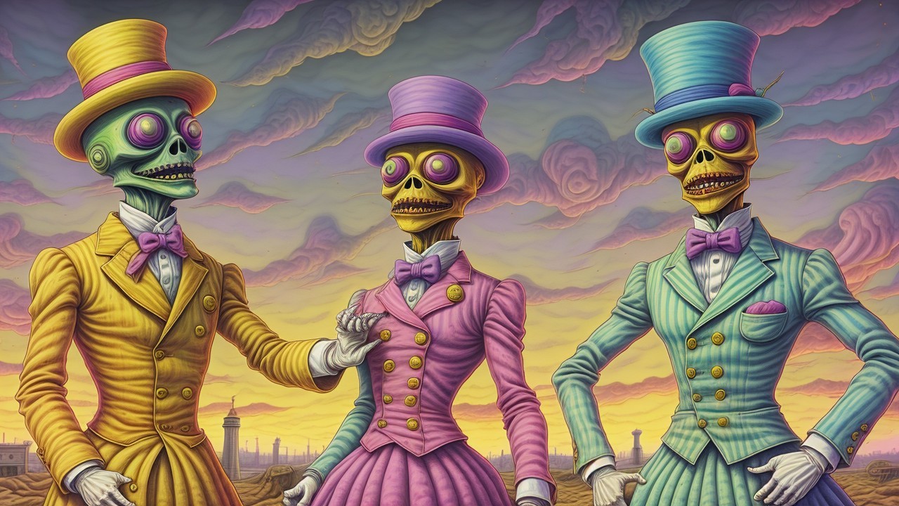 Whimsical Skeletons in Colorful Attire Against Sky