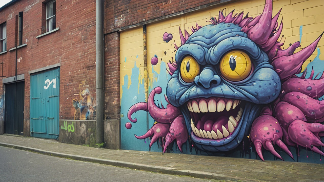 Colorful Monster Mural on Urban Brick Wall