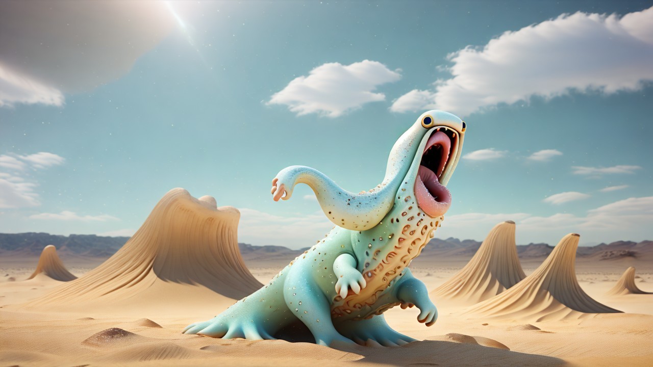 Whimsical Creature in a Surreal Desert Landscape