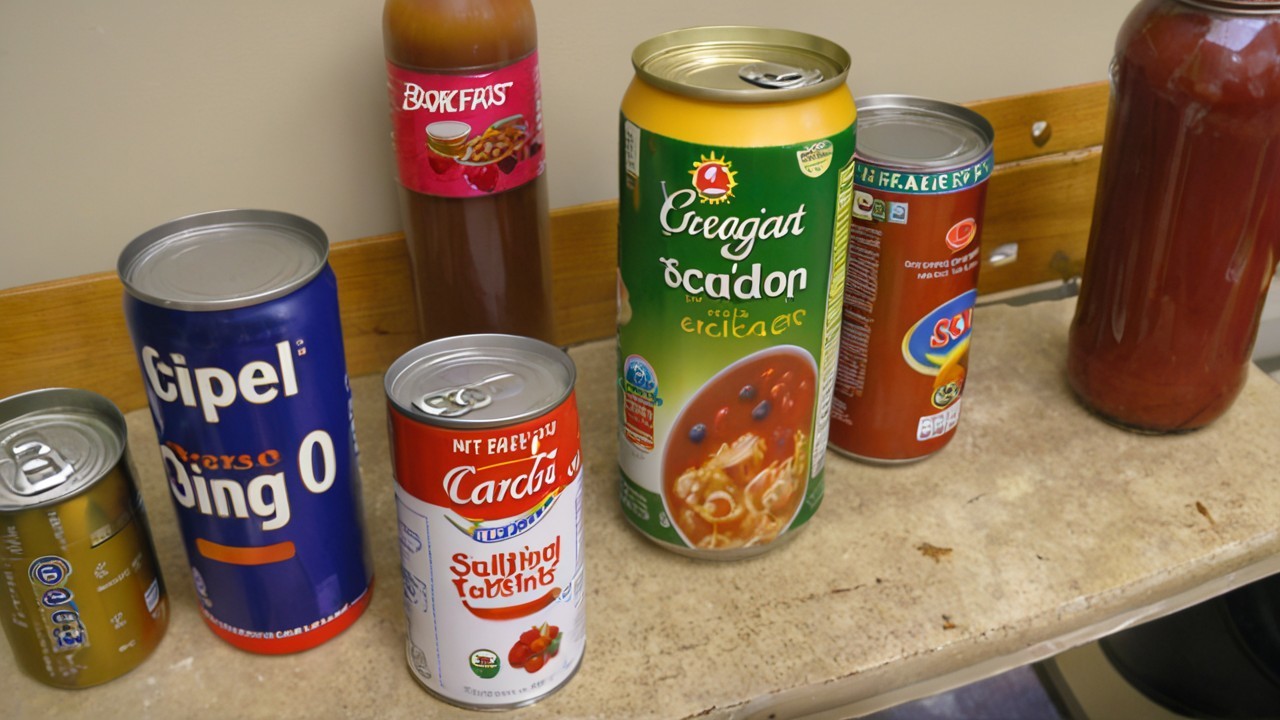 Assorted Food and Beverage Cans on Wooden Surface