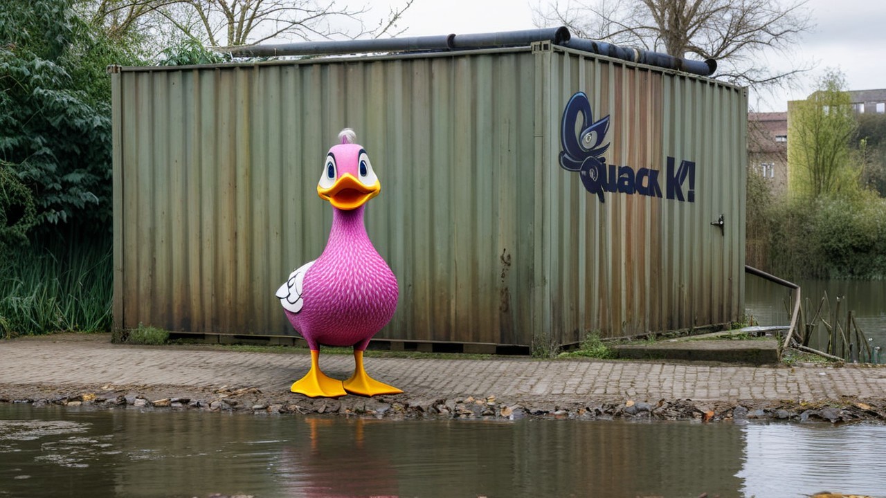 Vibrant Pink Cartoon Duck by Water and Green Container