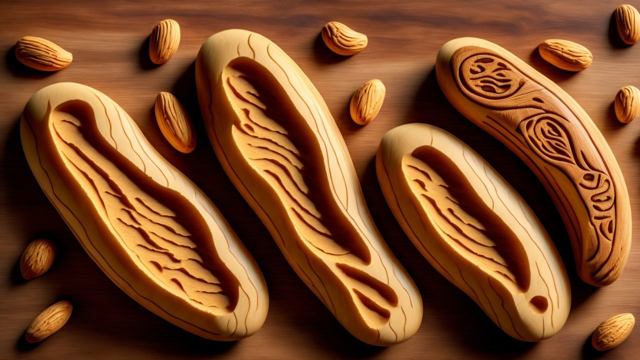 Intricately Carved Wooden Seed-Like Shapes with Almonds