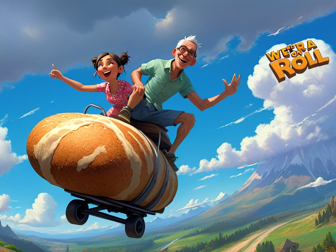 Young Girl and Elderly Man Ride Giant Donut in Sky
