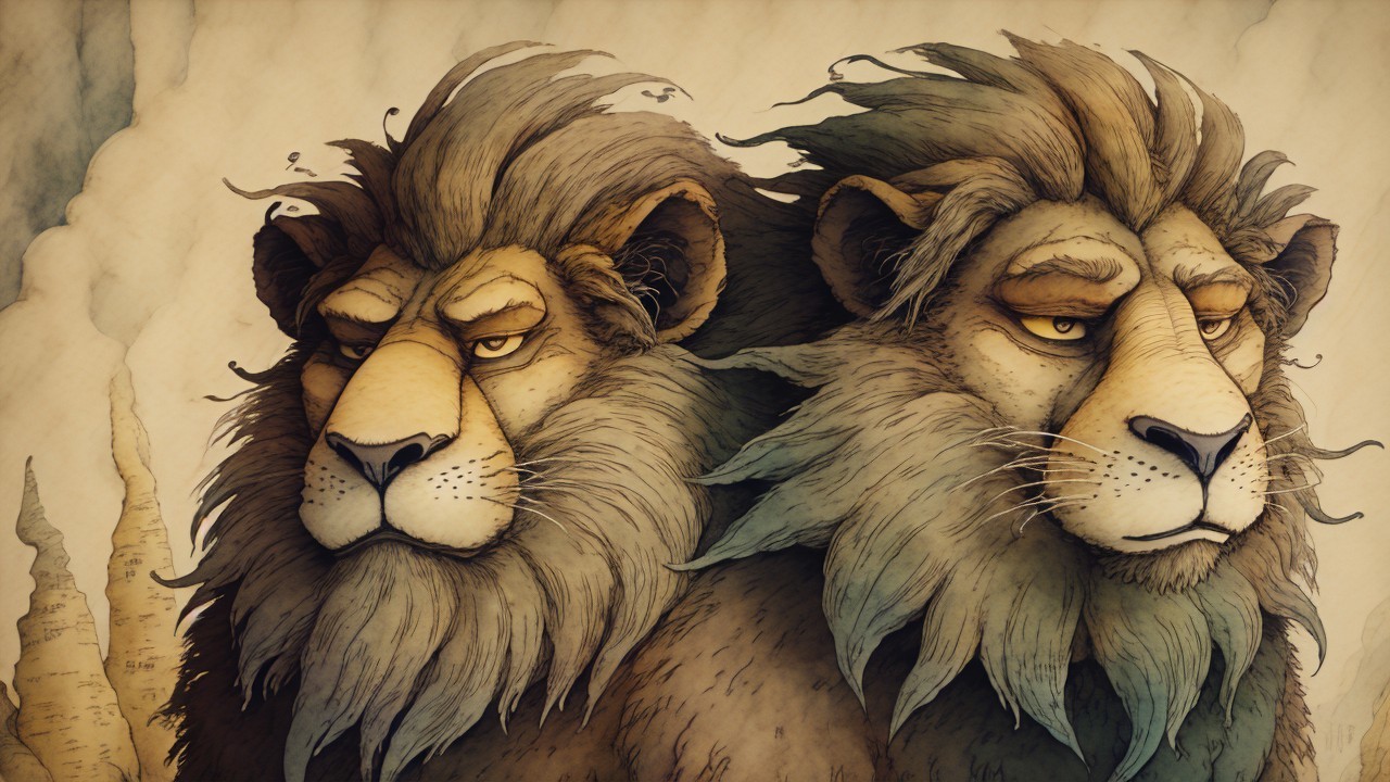 Stylized Lions with Flowing Manes in Dreamlike Setting
