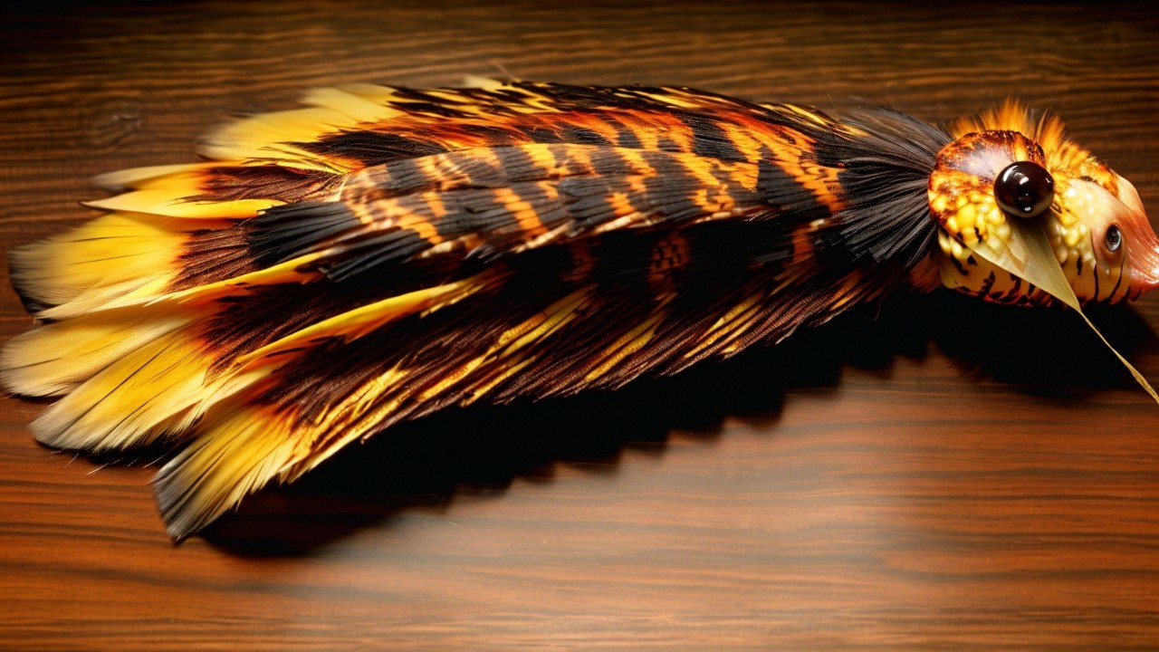 Decorative fish with vibrant feathers and intricate patterns