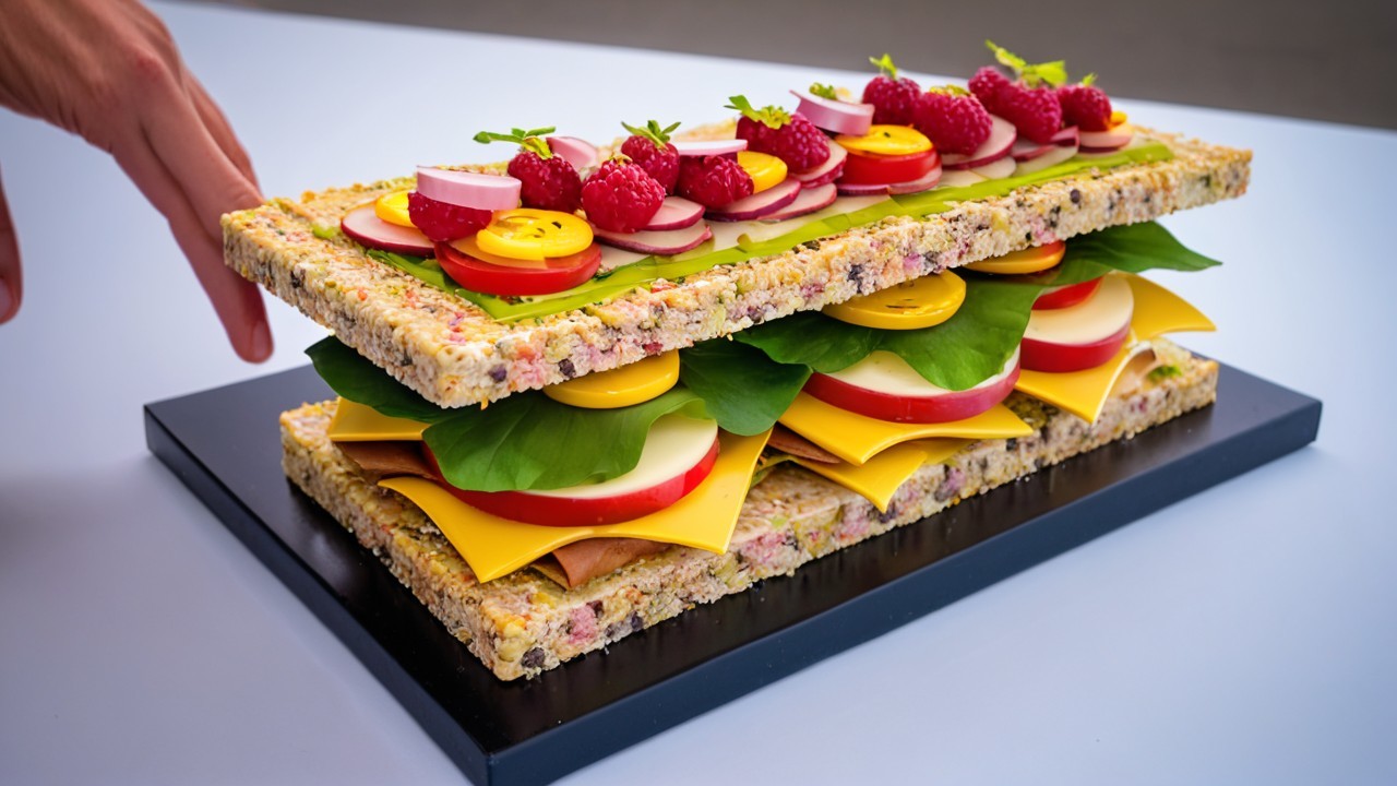 Oversized Sandwich with Colorful Ingredients and Textures