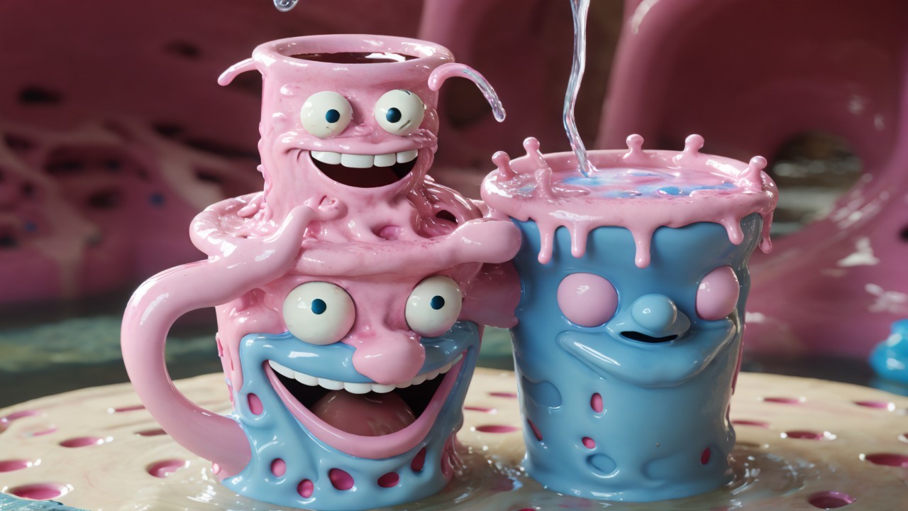 Cartoonish mugs with playful faces in a surreal setting