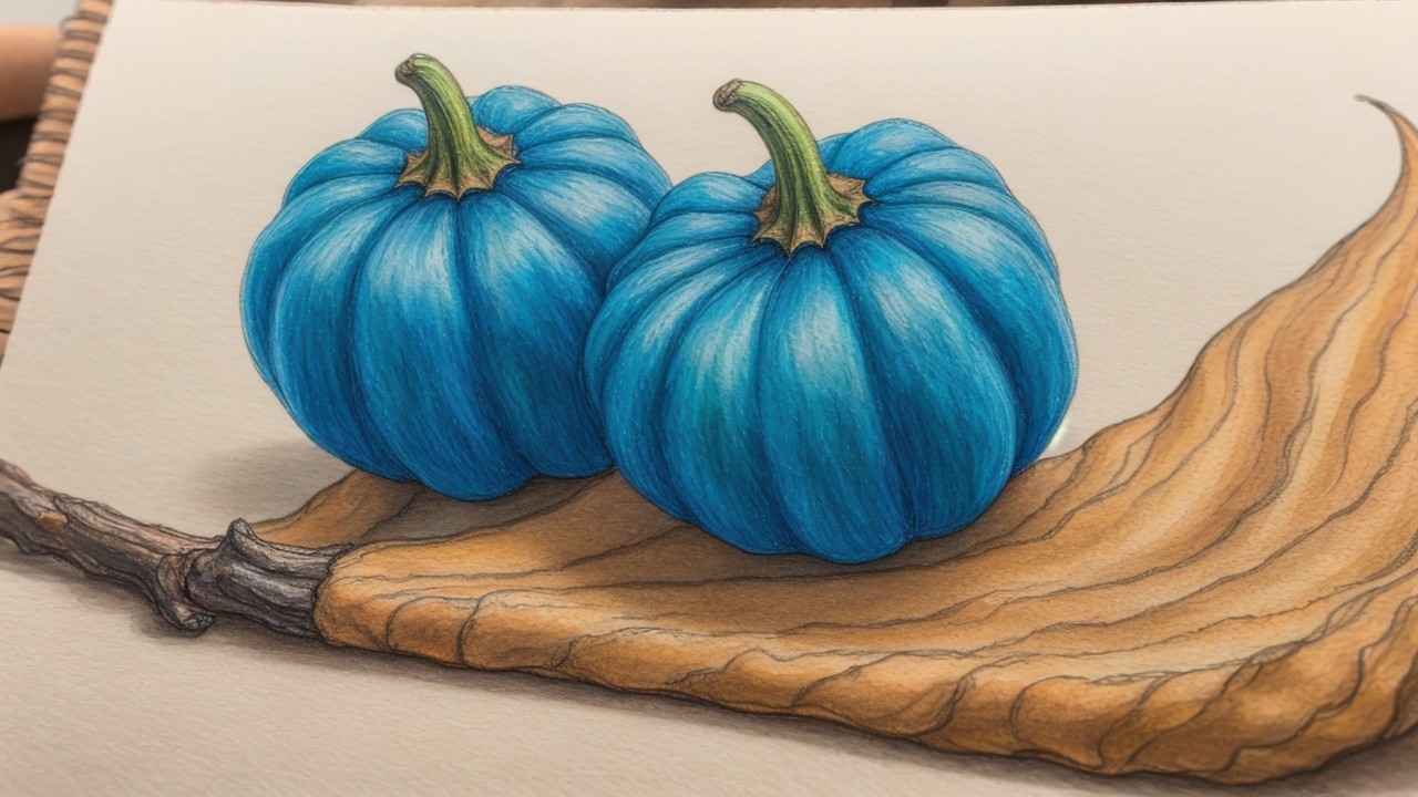 Blue Pumpkins on Textured Brown Leaf Background