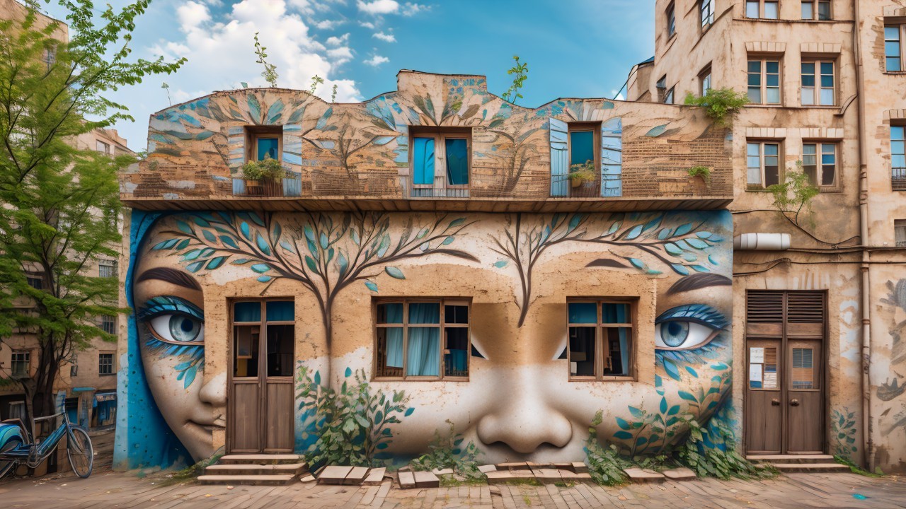 Mural of Faces Intertwined with Nature on Unique Building