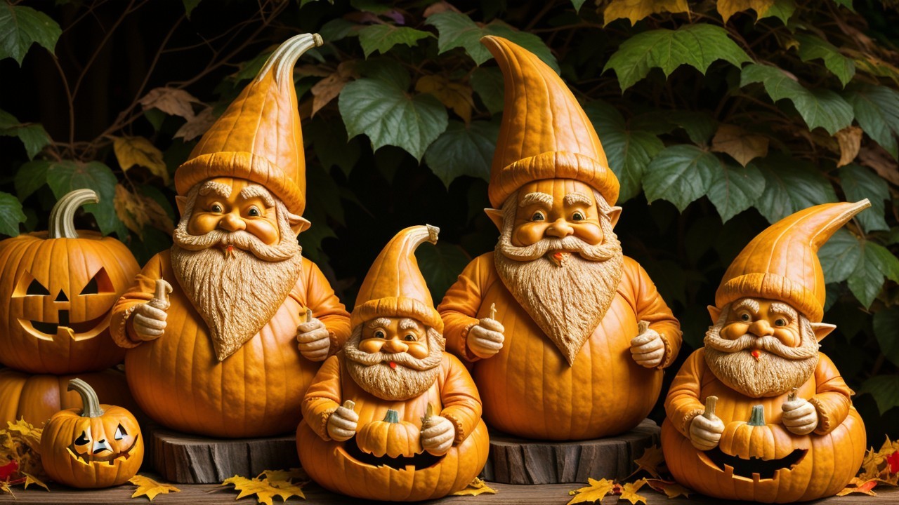 Whimsical Pumpkin Gnomes Among Autumn Leaves