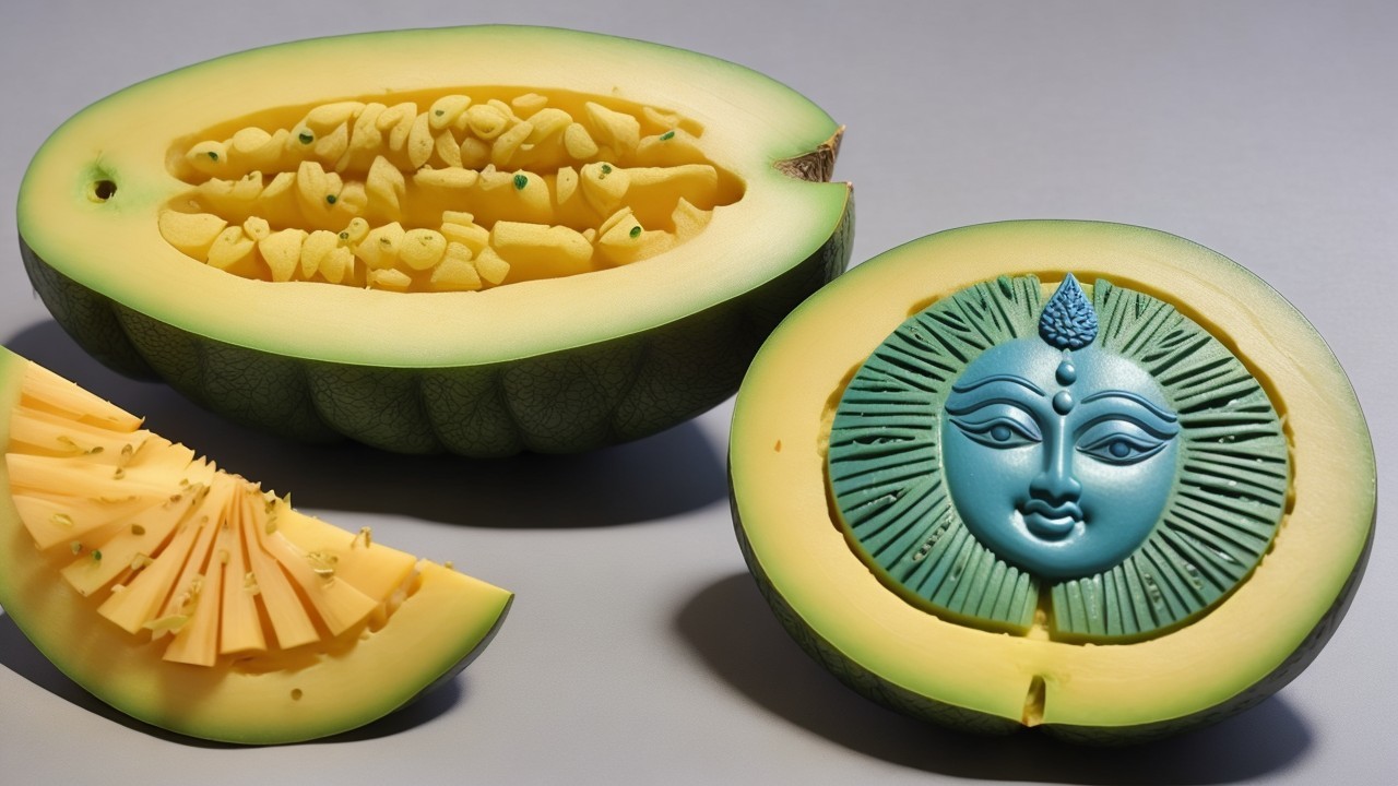Artistic Melon Carving with Yellow Flesh and Blue Design