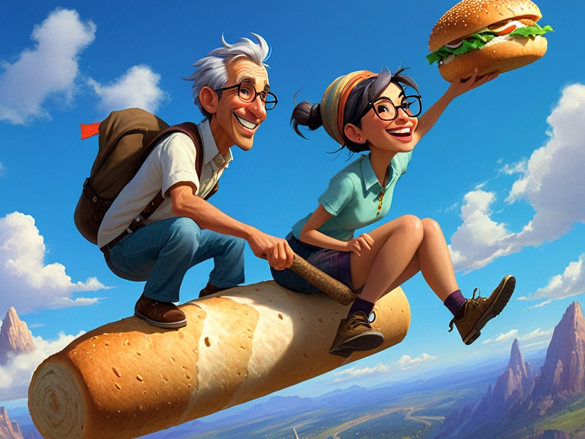 Elderly Man and Young Woman Riding Giant Bread in Landscape