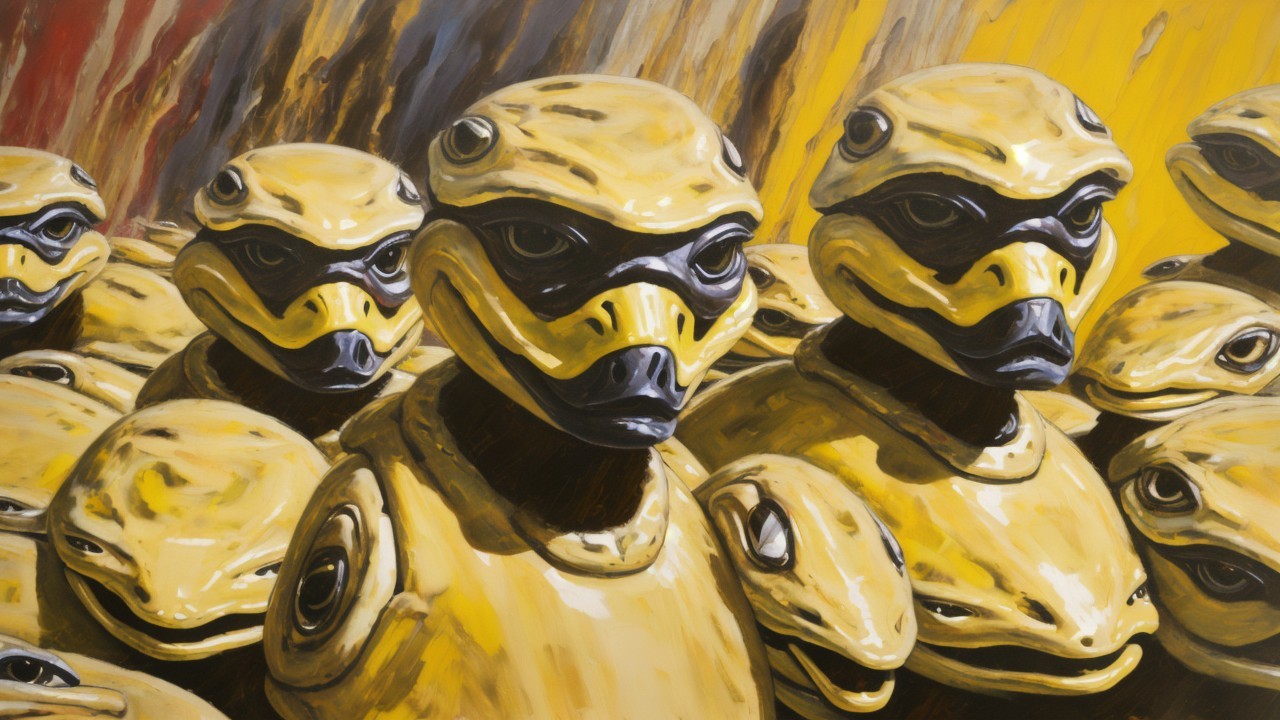 Yellow Humanoid Robots in Abstract Futuristic Landscape