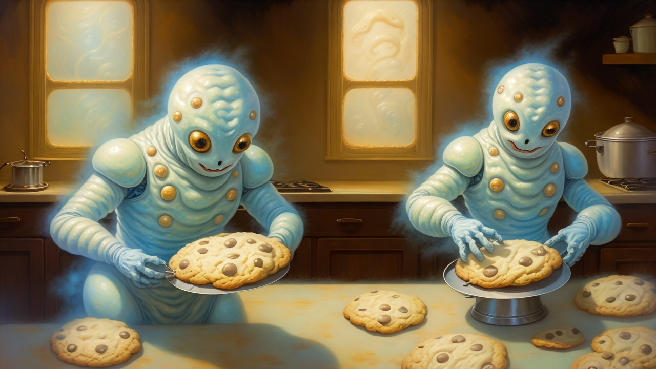 Alien Chefs Baking Cookies in a Whimsical Kitchen