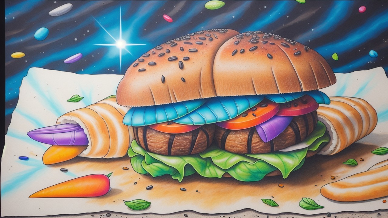 Whimsical Burger with Colorful Background and Vegetables