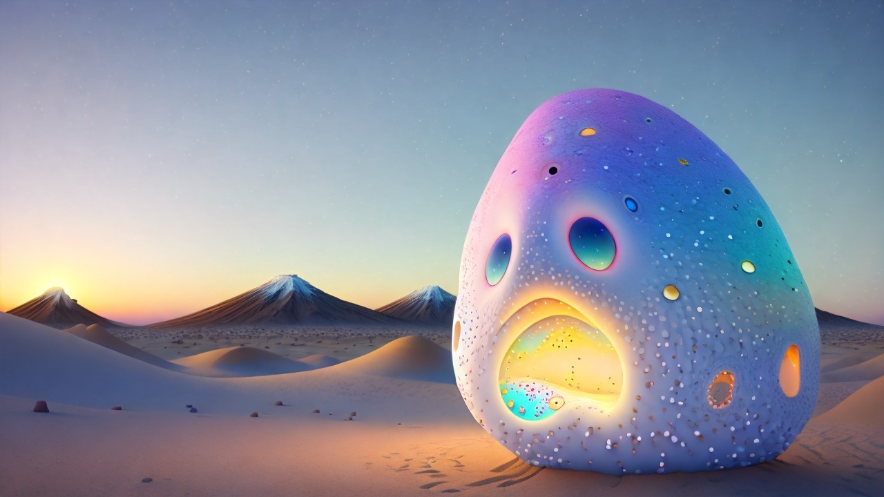 Surreal Colorful Egg Structure in Desert Landscape