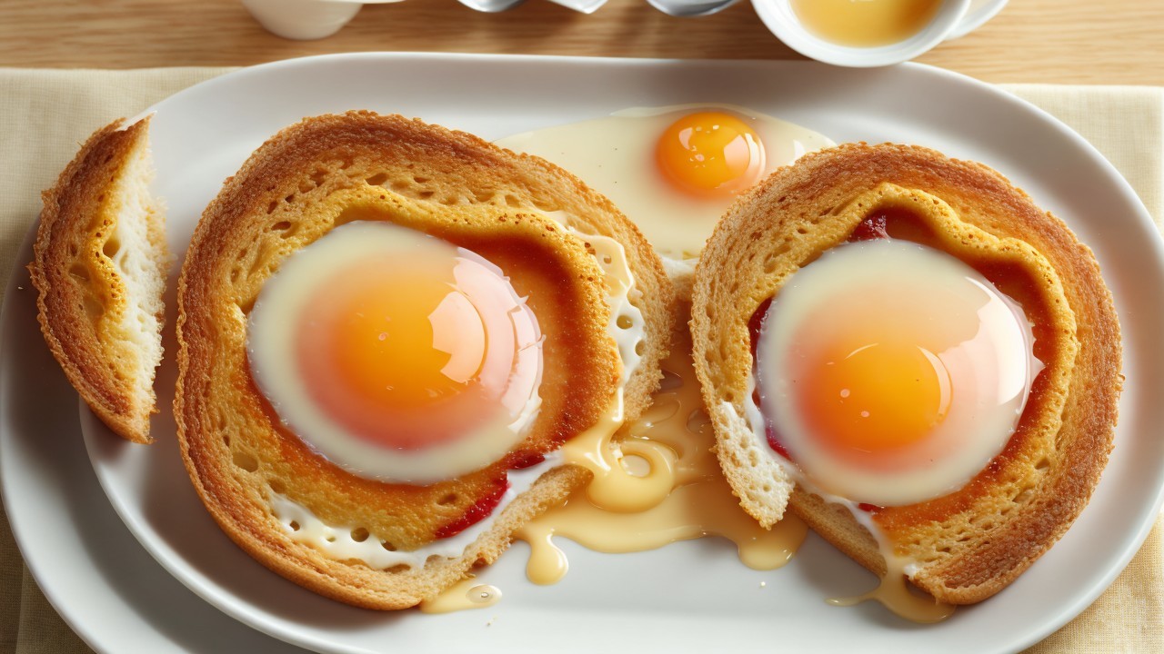 Toasted Bread with Eggs and Yolk Drizzle Presentation