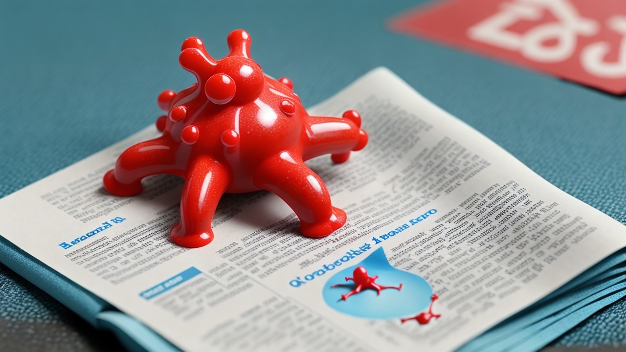 Red Abstract Sculpture on Newspaper with Blue Fabric