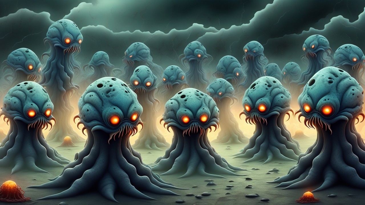 Surreal Scene of Bluish Creatures in Misty Landscape