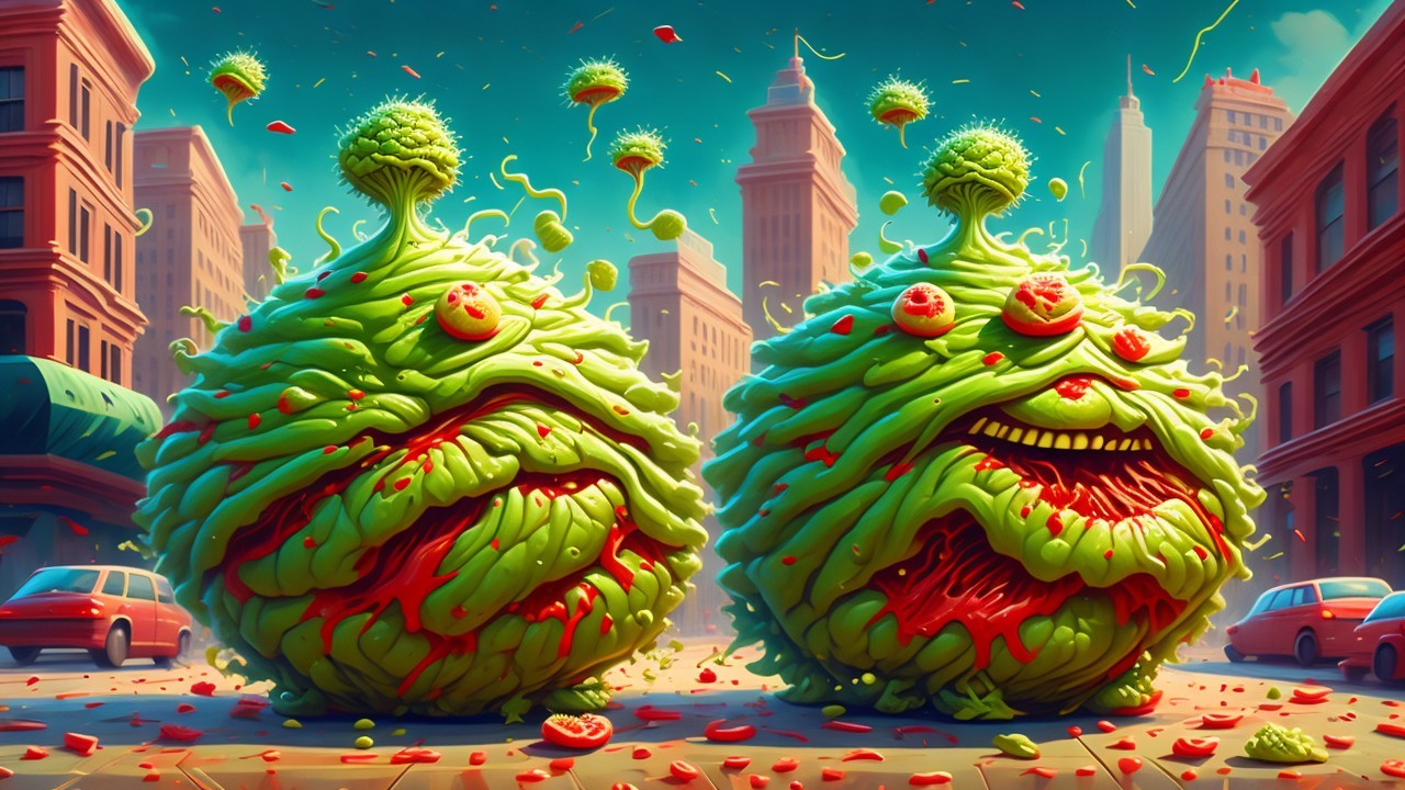 Whimsical Green Creatures in a Cityscape Setting