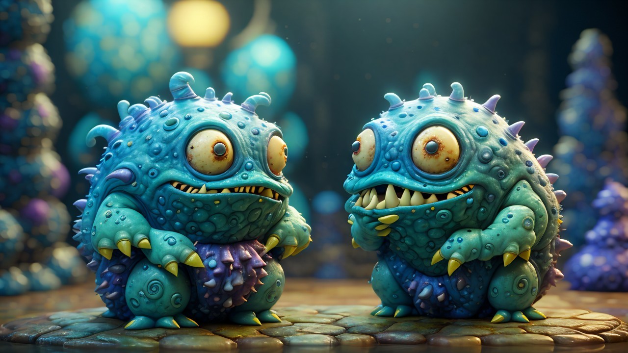 Cartoonish creatures in a vibrant fantasy landscape