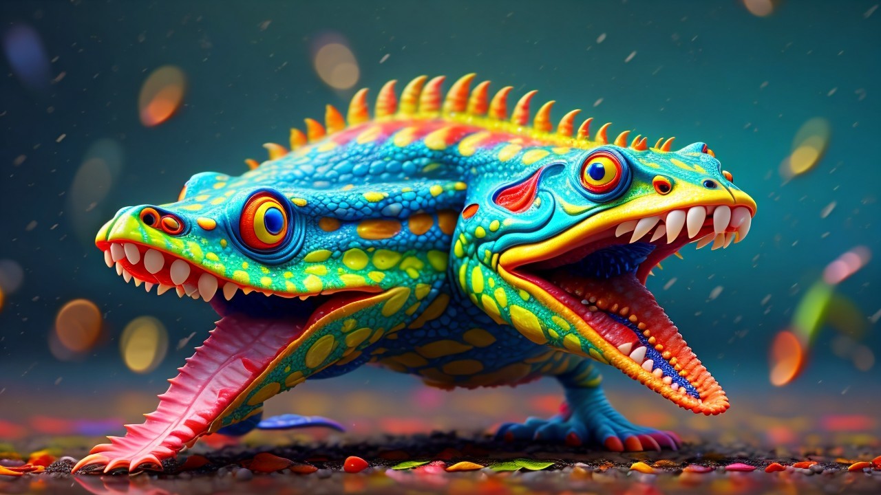 Vibrant Two-Headed Creature with Colorful Scales