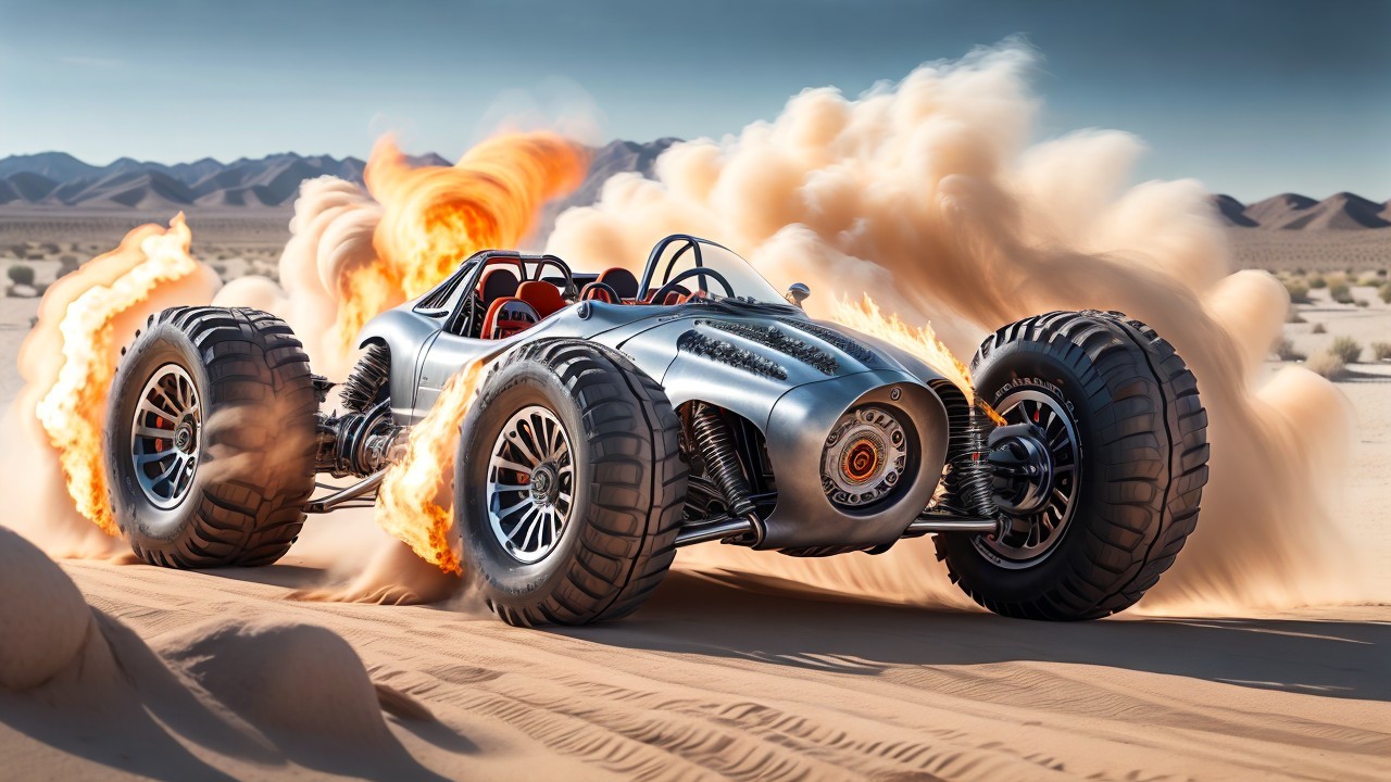 Futuristic metallic dune buggy in desert landscape